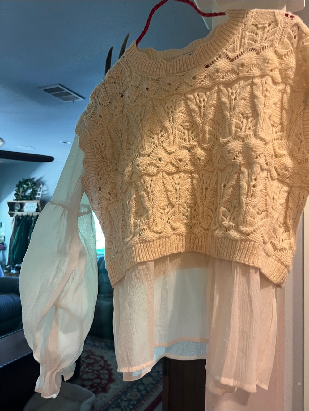 Cream Layered Knit large Sweater Blouse - Women's